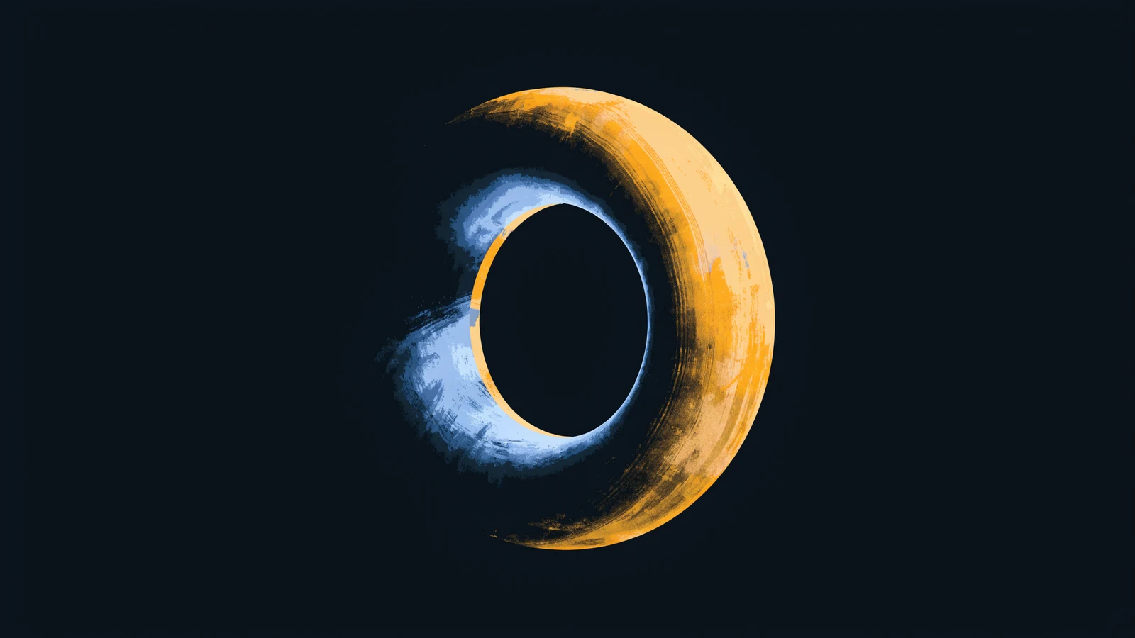 A luminous ring at night, amber on one side and blue on the other, open at its centre like a dial before its first mark.