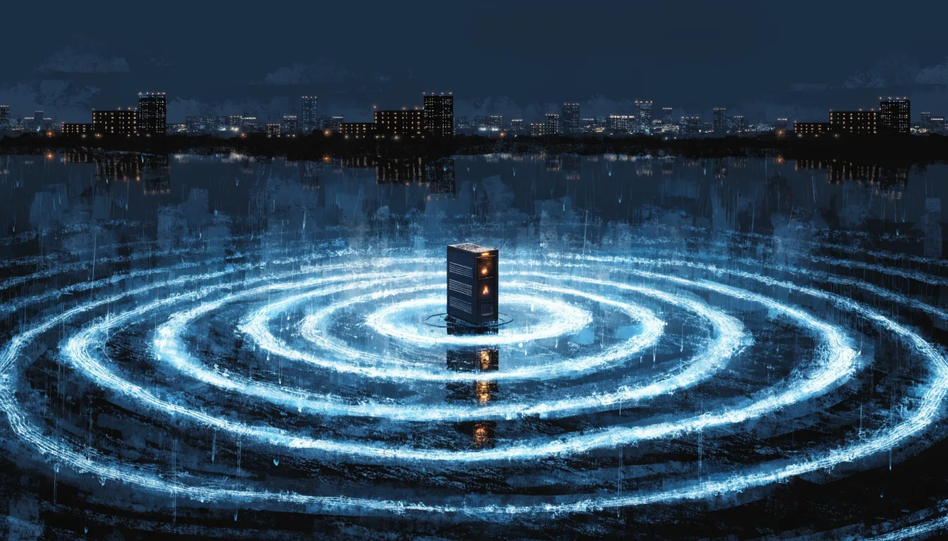 A single glowing server radiating shockwave rings of light that outshine a distant data-center skyline