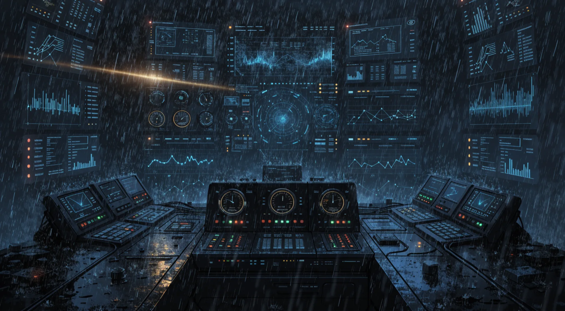 A rain-swept night bridge of glowing instruments and sparkline panels watching over a fleet