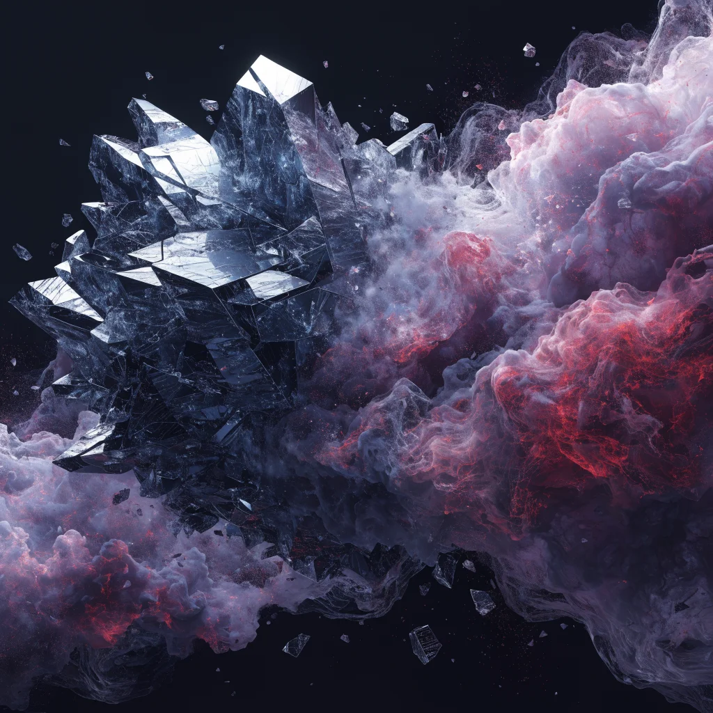 Crystalline blue structure being dissolved by a violet quantum wave