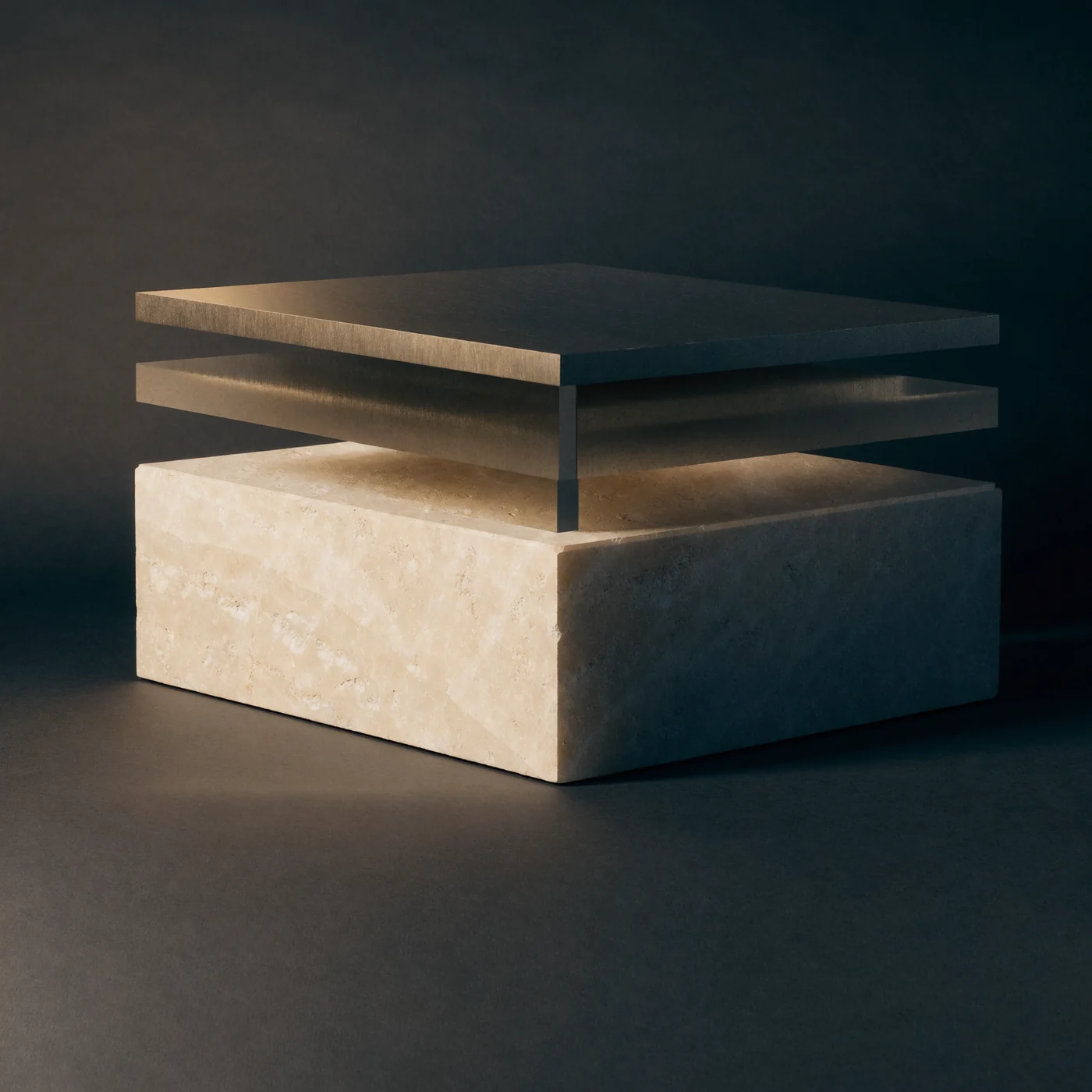 Separated dark slabs with metal edges sit above a pale stone foundation.