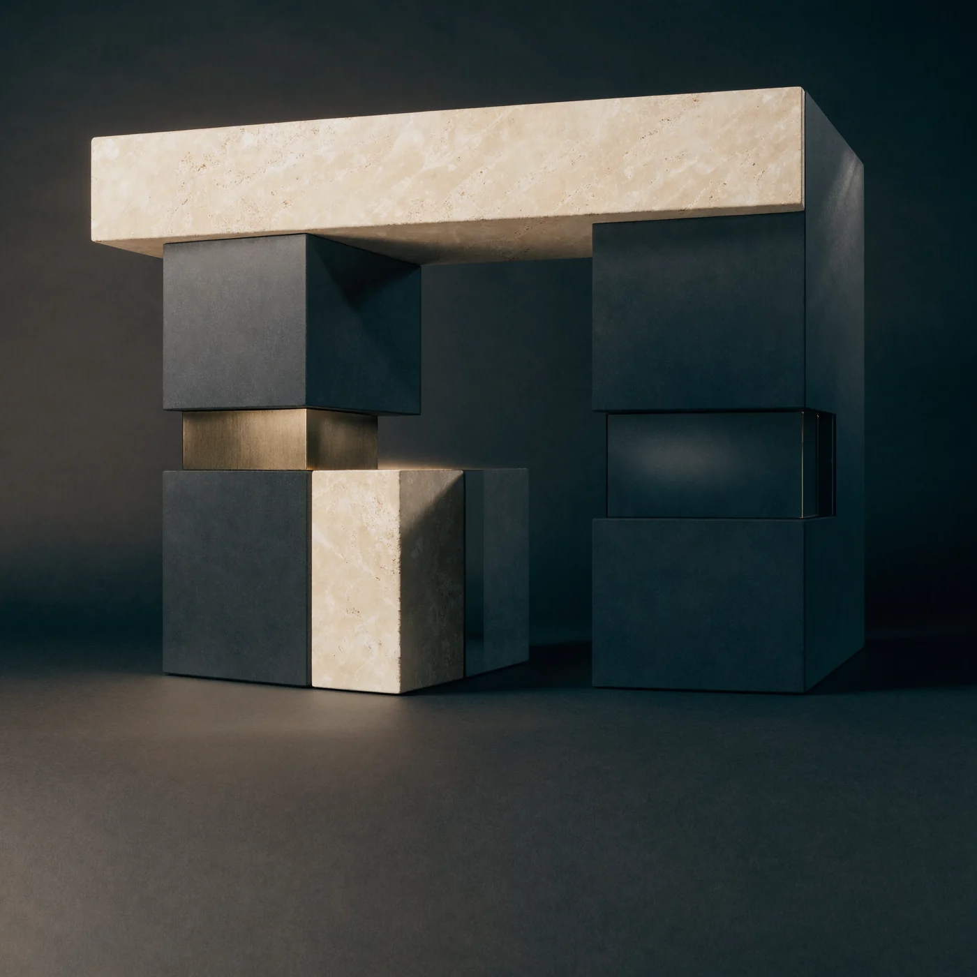 A pale stone lintel rests on modular graphite, glass and metal supports.