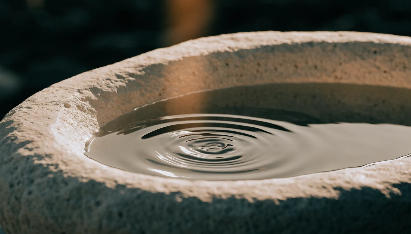 A ripple travels across clear water in a limestone bowl in natural light. Editorial artwork.